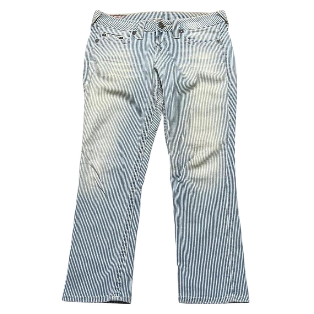 True Religion Capris Womens 26 Blue Lizzy Hickory Stripe Low Rise Cropped Jeans